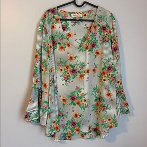 Harlow & Rose Georgette Floral Striped Bell Sleeve Blouse size 2X
